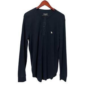 Abercrombie‎ & Fitch Men's Ribbed Henley Top Size L Navy Fitted Y2K Preppy